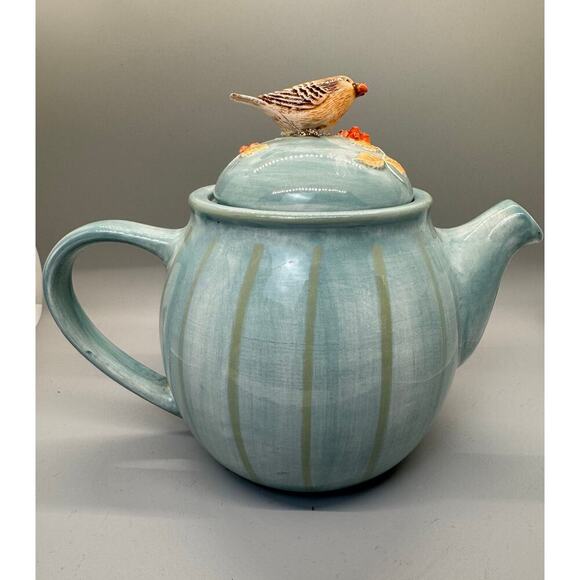 Marjolein Bastin Teapot Bird & Berries Hallmark Signed Blue with Green Stripes - Picture 3 of 12